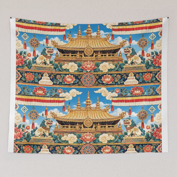 Item preview, Tibetan Buddhist Temple Pattern With Golden Roof, Snow Lions, Lotus Flowers and Auspicious Symbols designed and sold by Gold Turtle Lina.