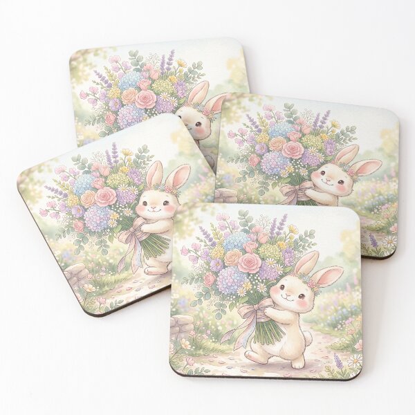 Item preview, Cute Bunny Holding Flowers | Whimsical Kawaii Illustration designed and sold by Moonlily Tavern.