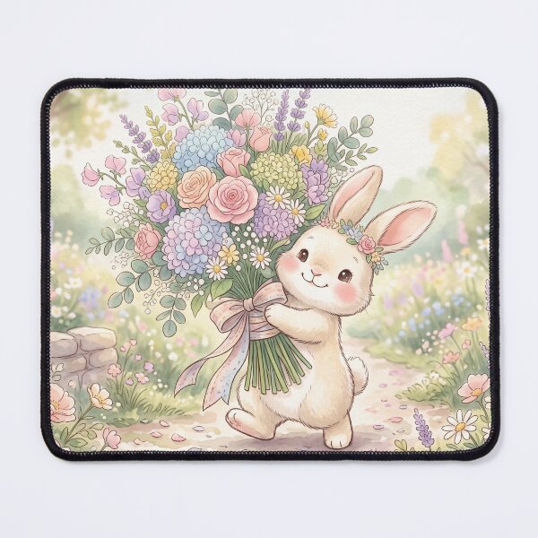 Item preview, Cute Bunny Holding Flowers | Whimsical Kawaii Illustration designed and sold by Moonlily Tavern.