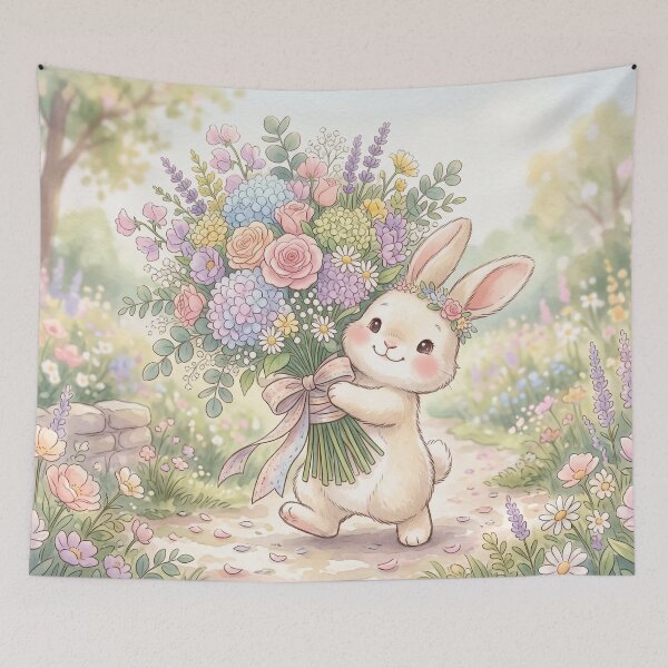 Item preview, Cute Bunny Holding Flowers | Whimsical Kawaii Illustration designed and sold by Moonlily Tavern.