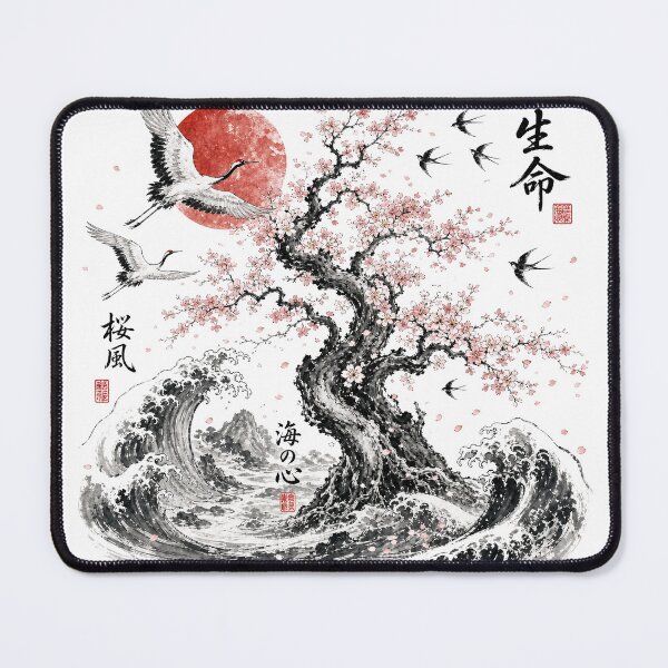Item preview, Sakura Tree and Ocean Waves | Japanese Ink Wash Art designed and sold by SoulTreasures.