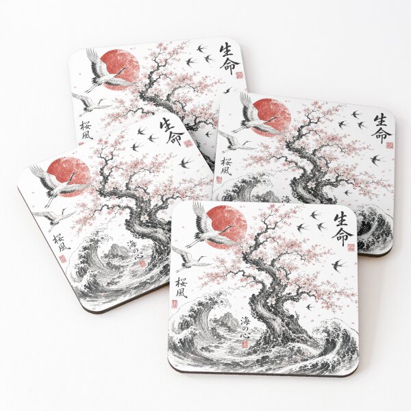 Item preview, Sakura Tree and Ocean Waves | Japanese Ink Wash Art designed and sold by SoulTreasures.