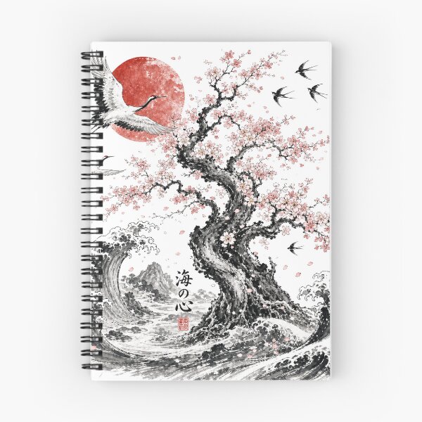 Item preview, Sakura Tree and Ocean Waves | Japanese Ink Wash Art designed and sold by SoulTreasures.