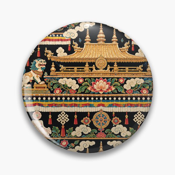 Item preview, Tibetan Buddhist Temple Pattern With Golden Roof, Snow Lions, Lotus Flowers and Sacred Symbols on Black Background designed and sold by Gold Turtle  Lina.