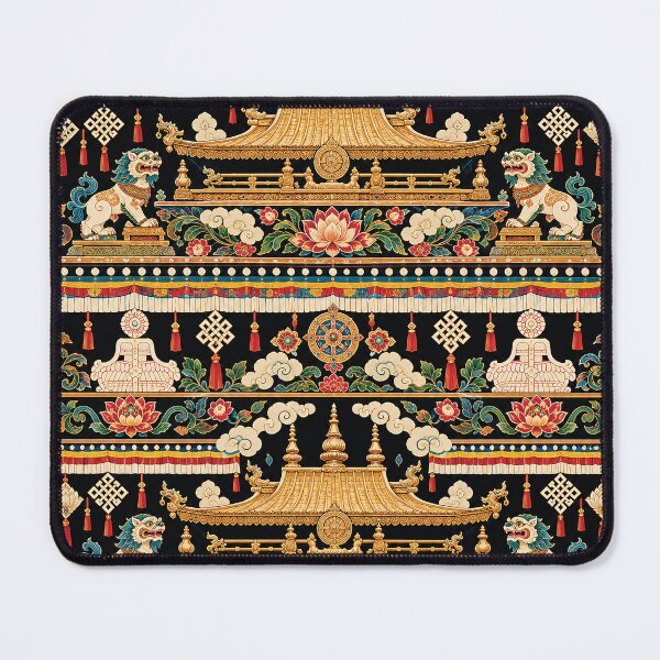 Item preview, Tibetan Buddhist Temple Pattern With Golden Roof, Snow Lions, Lotus Flowers and Sacred Symbols on Black Background designed and sold by Gold Turtle Lina.