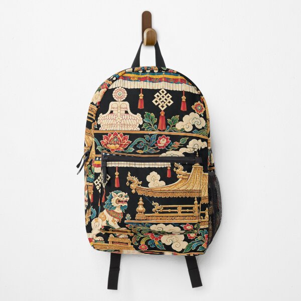 Item preview, Tibetan Buddhist Temple Pattern With Golden Roof, Snow Lions, Lotus Flowers and Sacred Symbols on Black Background designed and sold by Gold Turtle  Lina.