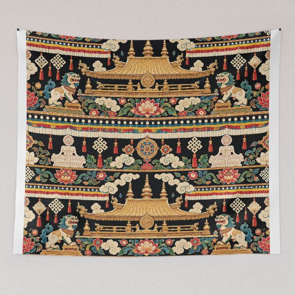 Item preview, Tibetan Buddhist Temple Pattern With Golden Roof, Snow Lions, Lotus Flowers and Sacred Symbols on Black Background designed and sold by Gold Turtle Lina.