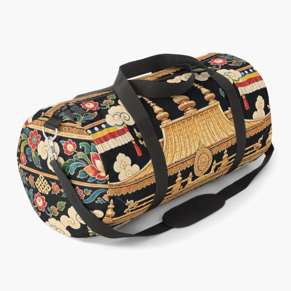Item preview, Tibetan Buddhist Temple Pattern With Golden Roof, Snow Lions, Lotus Flowers and Sacred Symbols on Black Background designed and sold by Gold Turtle  Lina.