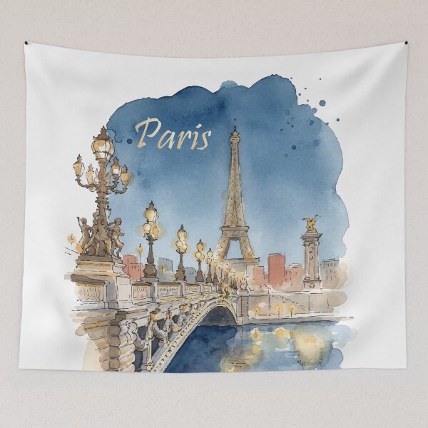 Item preview, Paris Pont Alexandre III Bridge Eiffel Tower Night Watercolor Art designed and sold by NareArt.
