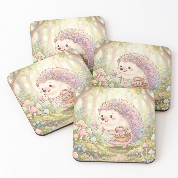 Item preview, Cute Hedgehog Picking Mushrooms | Whimsical Kawaii Illustration designed and sold by Moonlily Tavern.