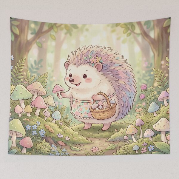 Item preview, Cute Hedgehog Picking Mushrooms | Whimsical Kawaii Illustration designed and sold by Moonlily Tavern.