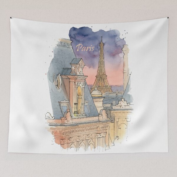 Item preview, Paris Rooftops Eiffel Tower Sunset Watercolor Art designed and sold by NareArt.