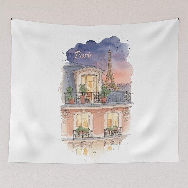 Item preview, Paris Balcony View Eiffel Tower Sunset Watercolor Art designed and sold by NareArt.