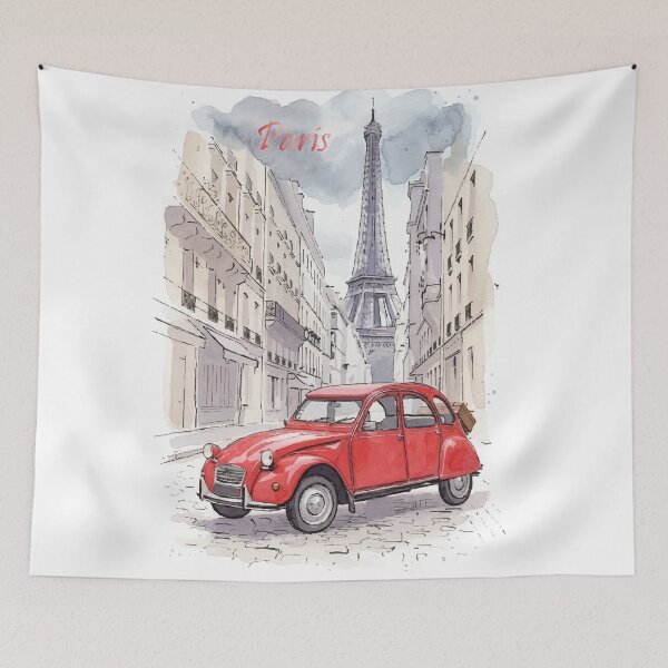 Item preview, Paris France Red Vintage Car Eiffel Tower Watercolor Art designed and sold by NareArt.
