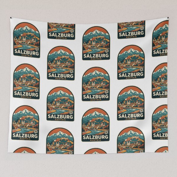 Item preview, Salzburg Austria Hohensalzburg Fortress Alps Retro Travel Badge Illustration designed and sold by raedattia.