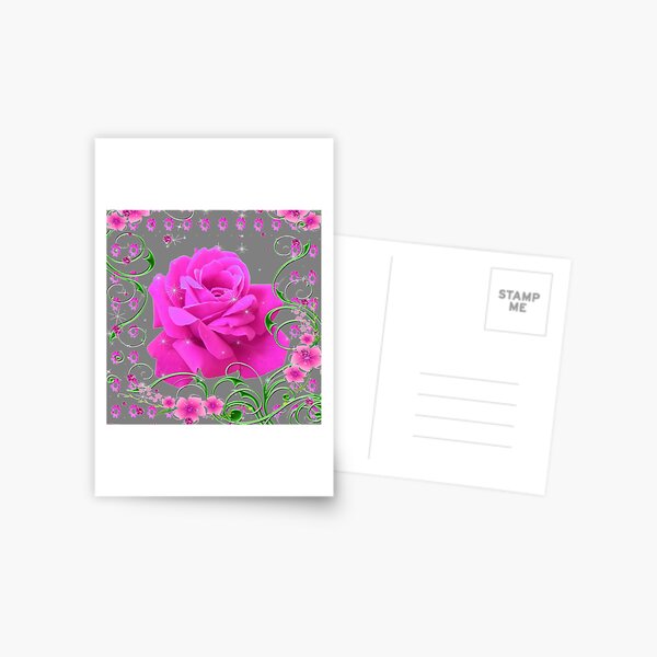 ROMANTIC CERISE PINK ROSE GREY ART RIBBONS Postcard