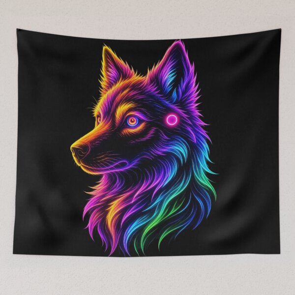 Item preview, Neon Rainbow Wolf Cyberpunk Howling Spirit designed and sold by ExploreAura Studio.