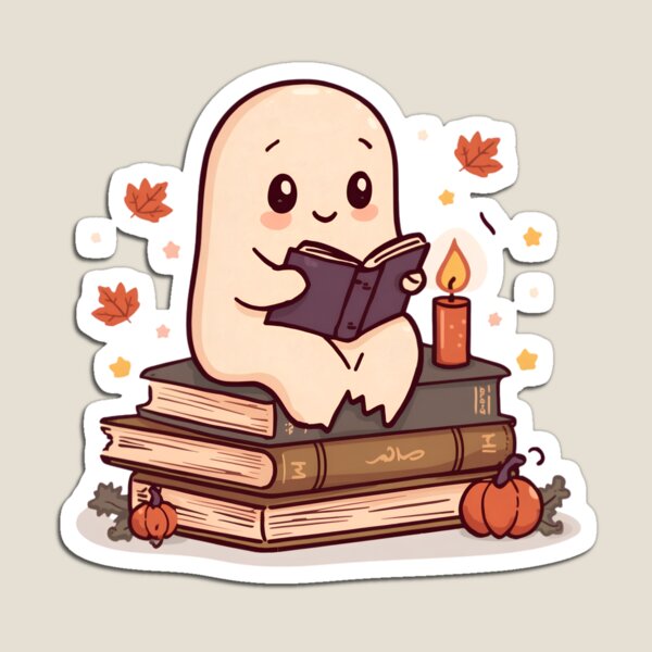 Item preview, Cozy Ghost Reading Sticker – Cute Bookish Ghost on Old Books with Candle & Pumpkins, Fall Halloween Book Lover Sticker designed and sold by abdelski.