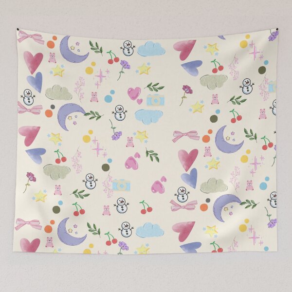 Item preview, Cute Pastel Winter Pattern with Snowmen, Hearts, Stars, and Cherries  Stickers, T-Shirts, Phone Cases, Tote Bags, Notebooks, Mugs, Pillows, Art Prints, Laptop Sleeves, Leggings, Dresses, and Backpacks designed and sold by ArtwithRabbit.