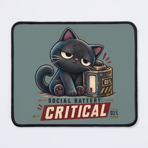 Item preview, Social Battery Critical – Exhausted Charcoal Cat Illustration designed and sold by MAD's Recreation Studio.