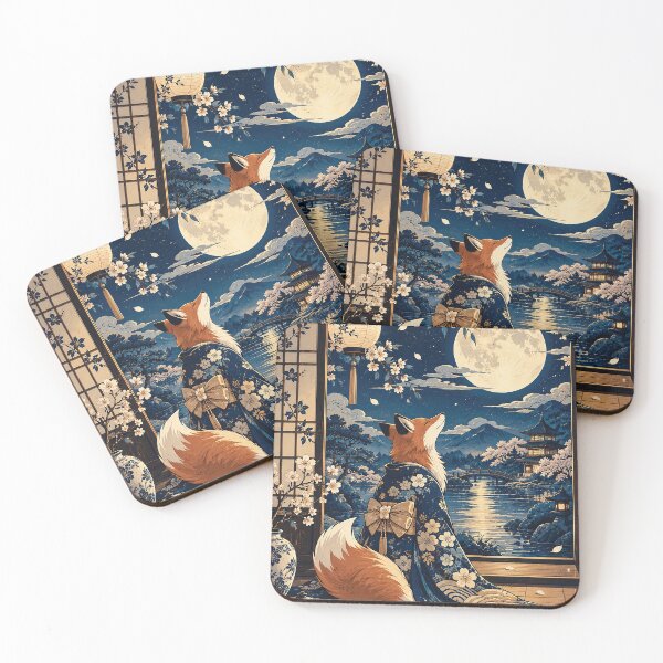 Item preview, Moonlit Fox in Blue Floral Kimono Under Cherry Blossoms in Japanese Garden designed and sold by Gold Turtle  Lina.