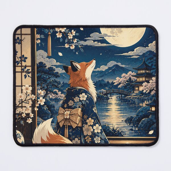 Item preview, Moonlit Fox in Blue Floral Kimono Under Cherry Blossoms in Japanese Garden designed and sold by Gold Turtle  Lina.