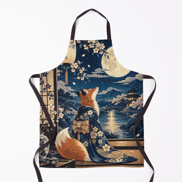 Item preview, Moonlit Fox in Blue Floral Kimono Under Cherry Blossoms in Japanese Garden designed and sold by Gold Turtle  Lina.