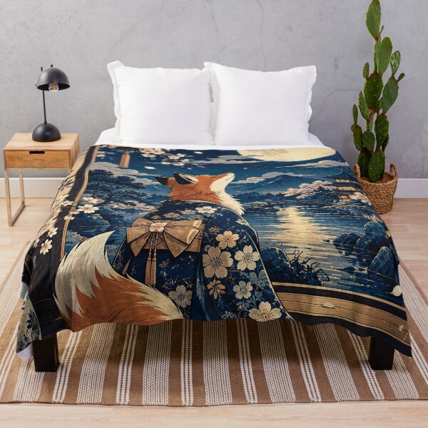 Item preview, Moonlit Fox in Blue Floral Kimono Under Cherry Blossoms in Japanese Garden designed and sold by Gold Turtle  Lina.