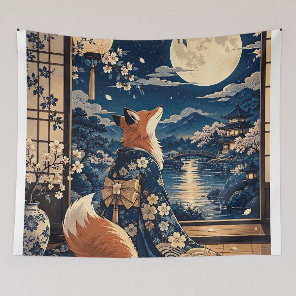 Item preview, Moonlit Fox in Blue Floral Kimono Under Cherry Blossoms in Japanese Garden designed and sold by Gold Turtle Lina.