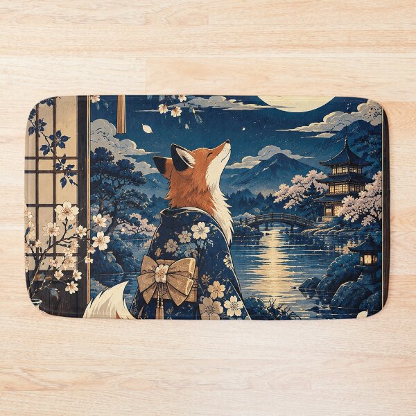 Item preview, Moonlit Fox in Blue Floral Kimono Under Cherry Blossoms in Japanese Garden designed and sold by Gold Turtle  Lina.