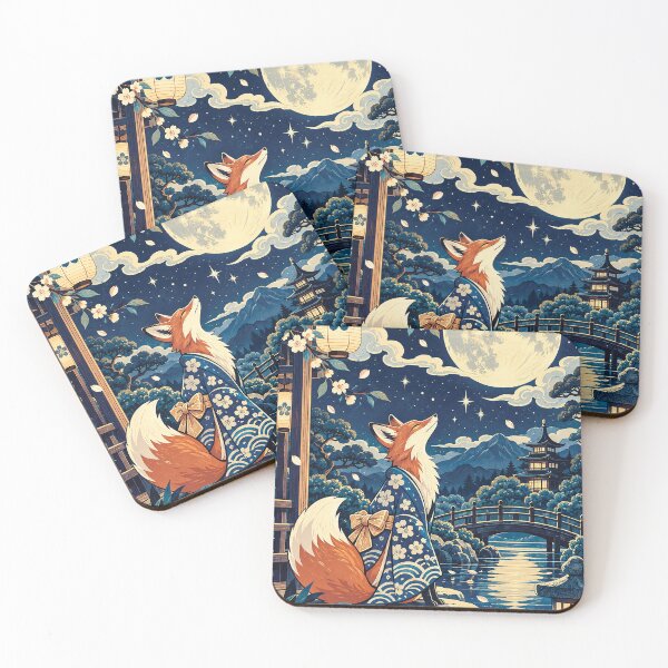 Item preview, Elegant Red Fox in Traditional Kimono by Full Moon and Cherry Blossom Lake designed and sold by Gold Turtle  Lina.