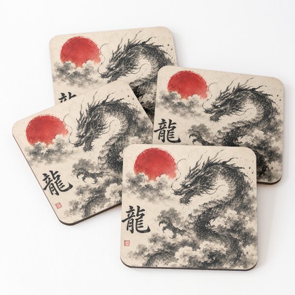 Item preview, Ryu 龍 - Japanese Dragon Sumi-e Ink Painting with Red Rising Sun designed and sold by KeisJapan.