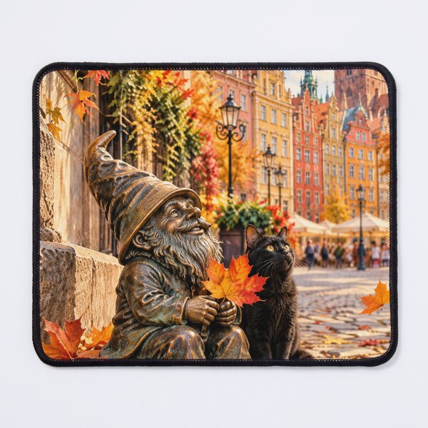Item preview, Autumn Gnome and Black Cat Art Print – Cozy Wrocław Poland Travel Decor designed and sold by Purrfecta.
