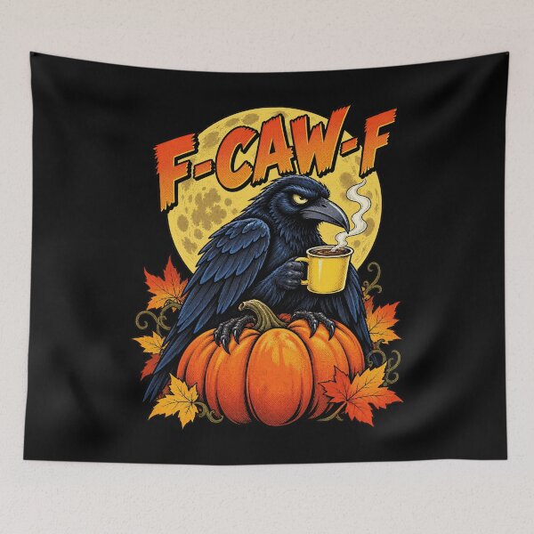 Item preview, F-Caw-F Funny Black Raven Drinking Autumn Coffee Pumpkin designed and sold by Felinefinesse.