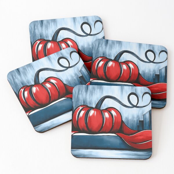 Item preview, Vibrant Red Pumpkin with Swirling Vines Against a Moody Urban Cityscape and Monochrome Background designed and sold by OlfactoART Studio.