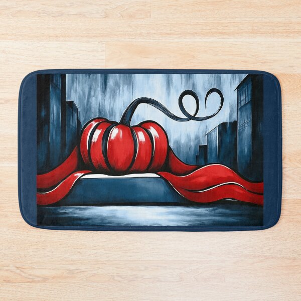 Item preview, Vibrant Red Pumpkin with Swirling Vines Against a Moody Urban Cityscape and Monochrome Background designed and sold by OlfactoART Studio.