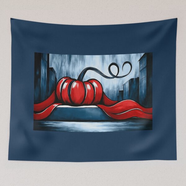 Item preview, Vibrant Red Pumpkin with Swirling Vines Against a Moody Urban Cityscape and Monochrome Background designed and sold by OlfactoART Studio.