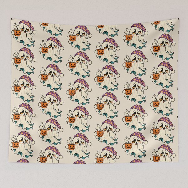 Item preview, Sleepy Ghost With Pumpkin Coffee designed and sold by Dopamine Department.