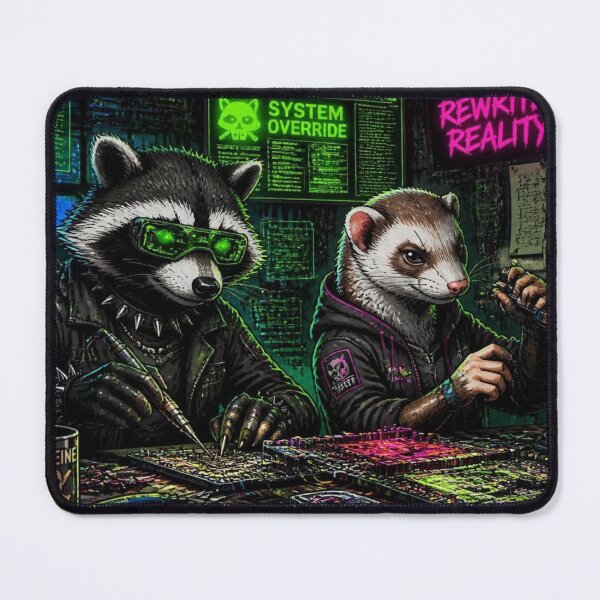 Item preview, Cyberpunk Hacker Raccoon and Ferret Tech Lab Desk Mat designed and sold by LazyDayzCo.