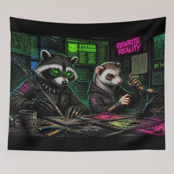Item preview, Cyberpunk Hacker Raccoon and Ferret Tech Lab Desk Mat designed and sold by LazyDayzCo.