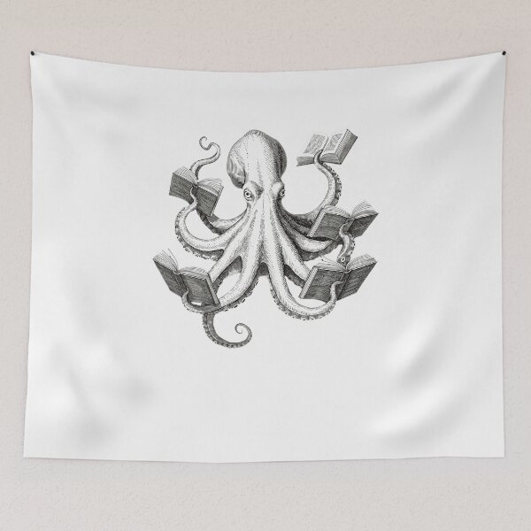 Item preview, octopus reading books vintage engraving style designed and sold by DariaOltes.