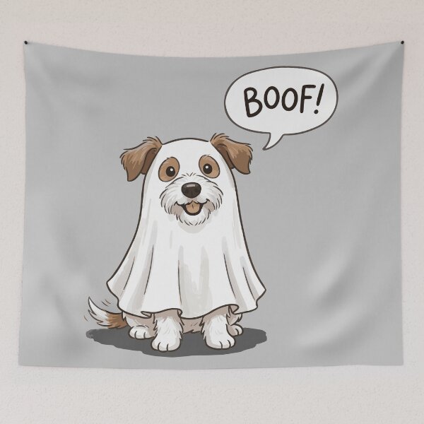 Item preview, Halloween art dog in ghost costume - boof designed and sold by luckysolo.
