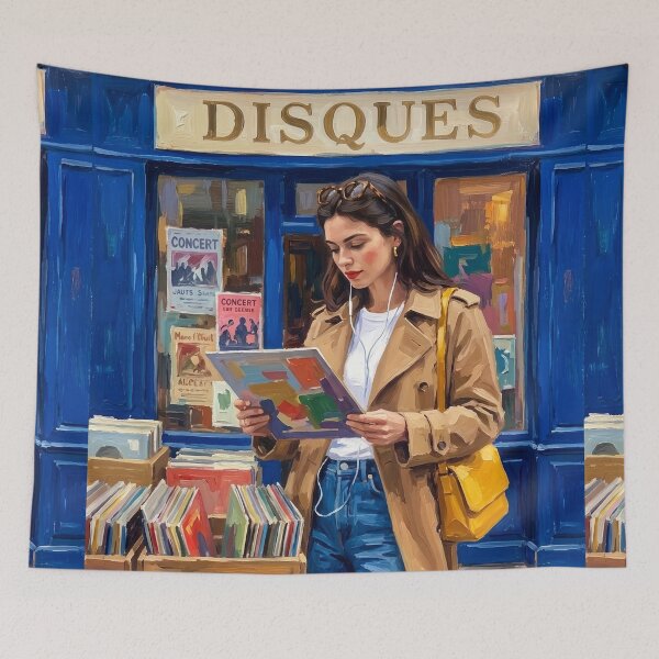 Item preview, Parisian Record Store Woman, Impressionist Painting designed and sold by CARRAANN.