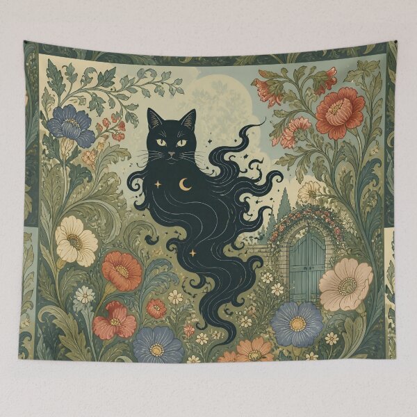 Item preview, Mystical Celestial Black Cat - Art Nouveau Botanical Garden Print designed and sold by AOCollections.