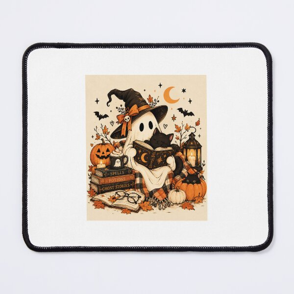 Item preview, Halloween Cozy Ghost Reading with Black Cat, Pumpkins & Spooky Books designed and sold by LumiMuse.