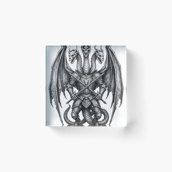 Item preview, Three-Headed Dragon Knight - Armored Hydra Sword Ink Art designed and sold by DragonSerpent Ink.