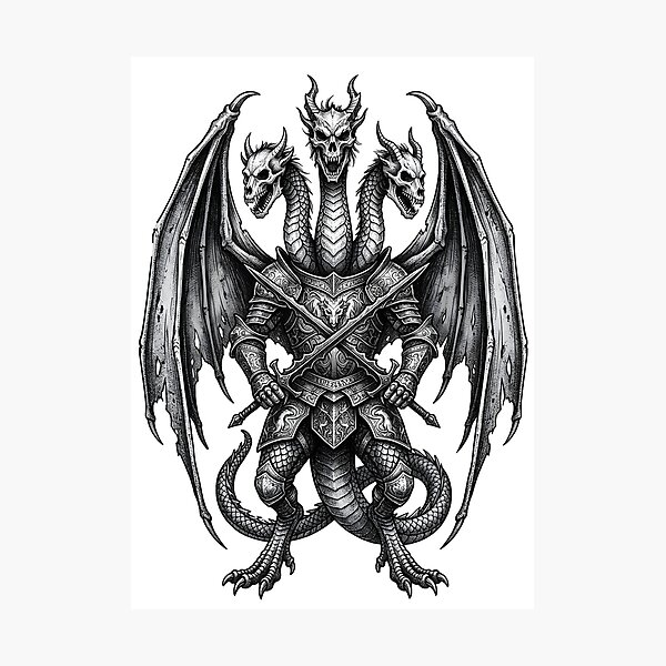 Item preview, Three-Headed Dragon Knight - Armored Hydra Sword Ink Art designed and sold by DragonSerpent Ink.