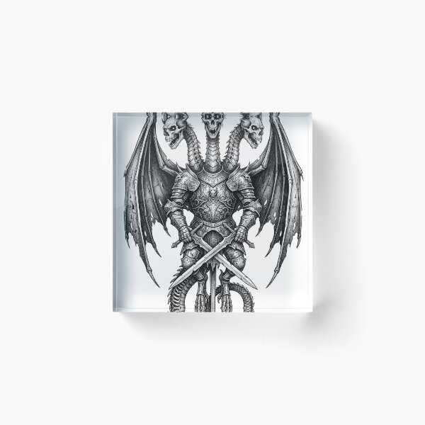 Item preview, Three-Headed Demon Dragon Knight - Coiled Tail Sword Ink Art designed and sold by DragonSerpent Ink.