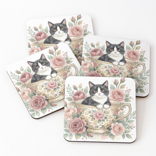 Item preview, Tuxedo Cat in a Floral Teacup with Roses designed and sold by alvixVerse Merch.