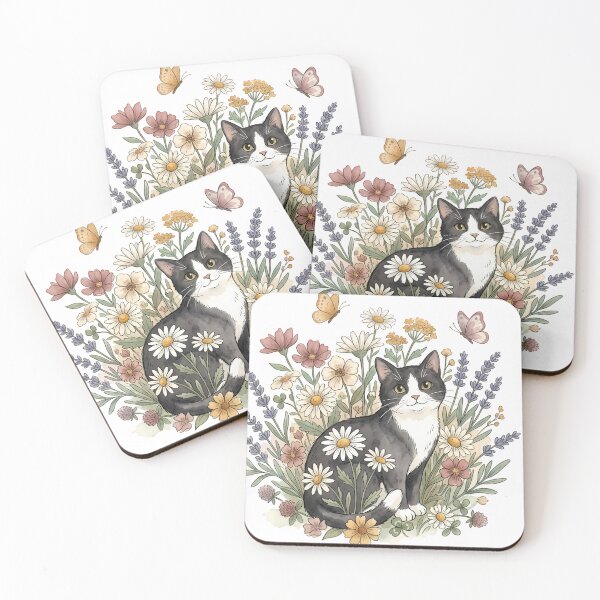 Item preview, Tuxedo Cat in Wildflowers with Butterflies designed and sold by alvixVerse Merch.